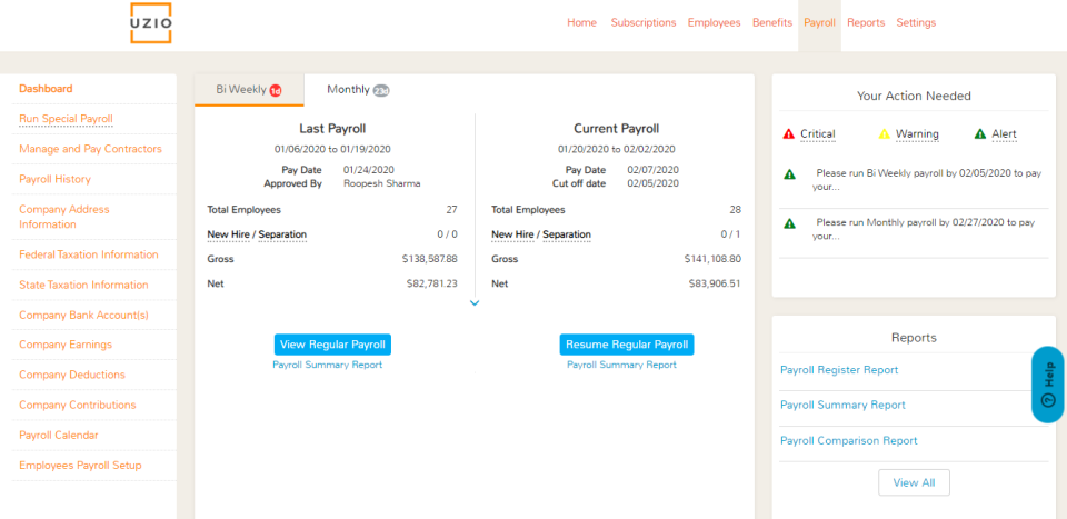 UZIO Software - UZIO payroll dashboard
