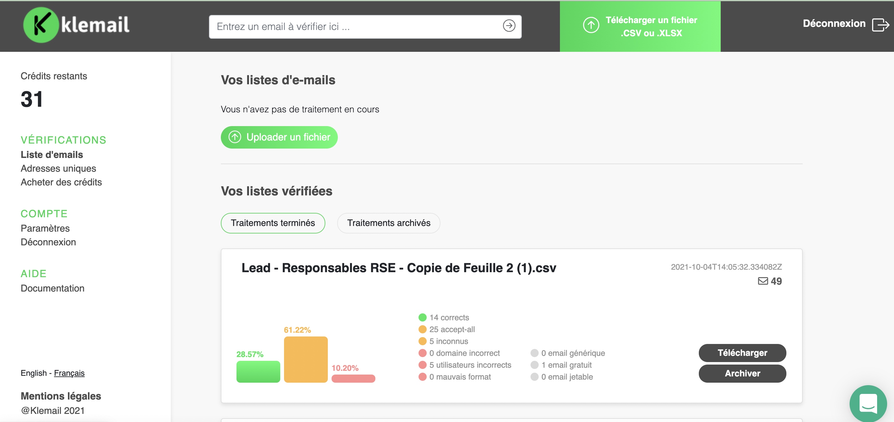 Klemail screenshot: Tableau de bord