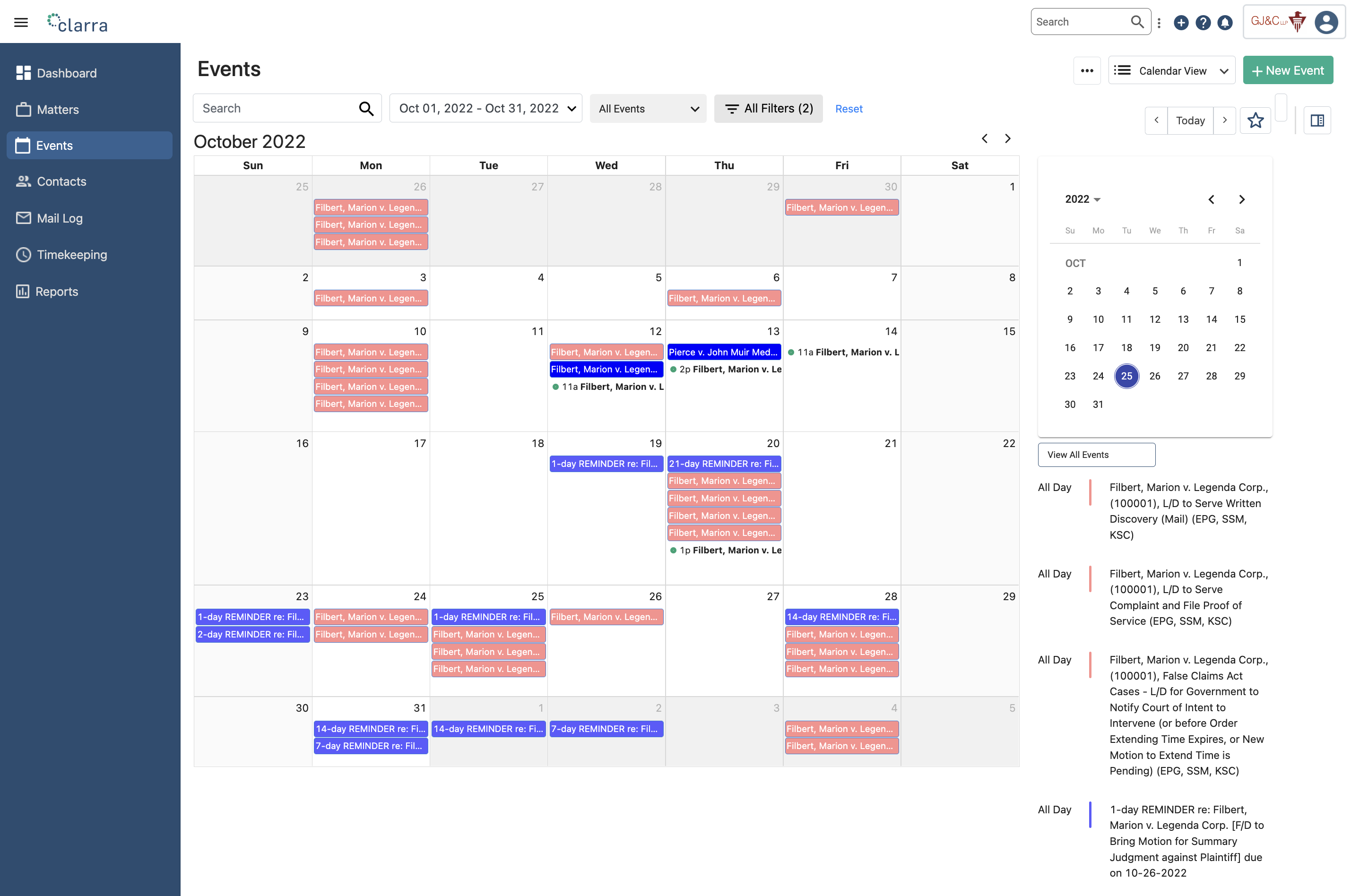 Clarra screenshot: Your Events calendar views