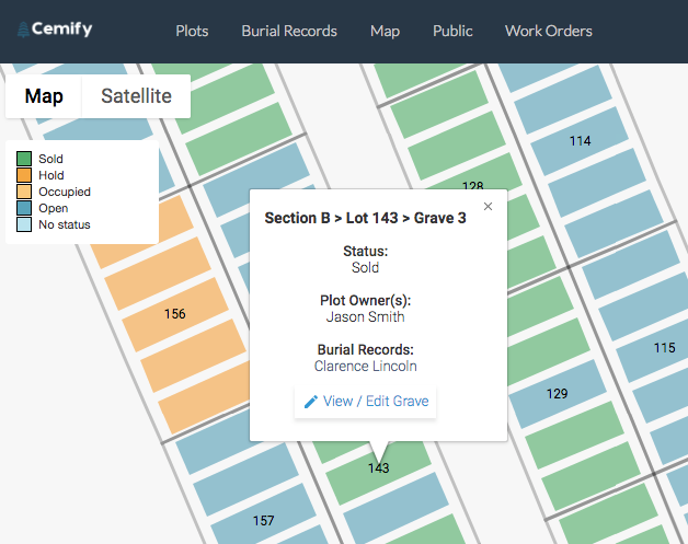 Plots can be color-coded on the interactive map based on their status