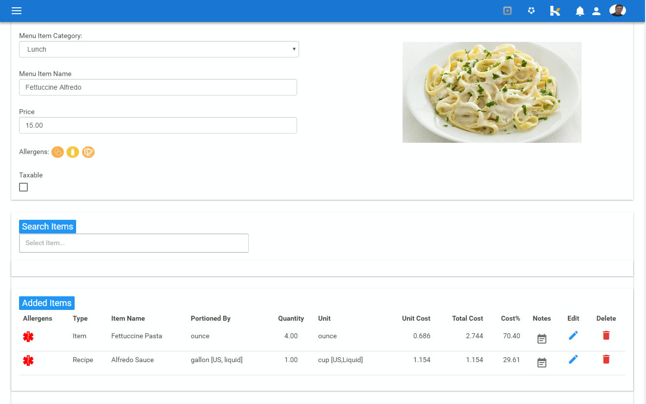 Recipe Costing Software - Allergens for each ingredient are automatically carried through into recipes and menu items