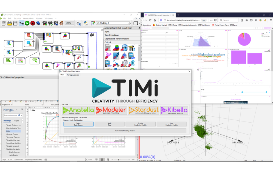 Timi Suite consists of 4 tools: Anatella (ETL, Analytics, and automation), Timi Modeler (autoML on Big Data), Kibella (Self Service BI) , and StartDust (3D data exploration and clustering)