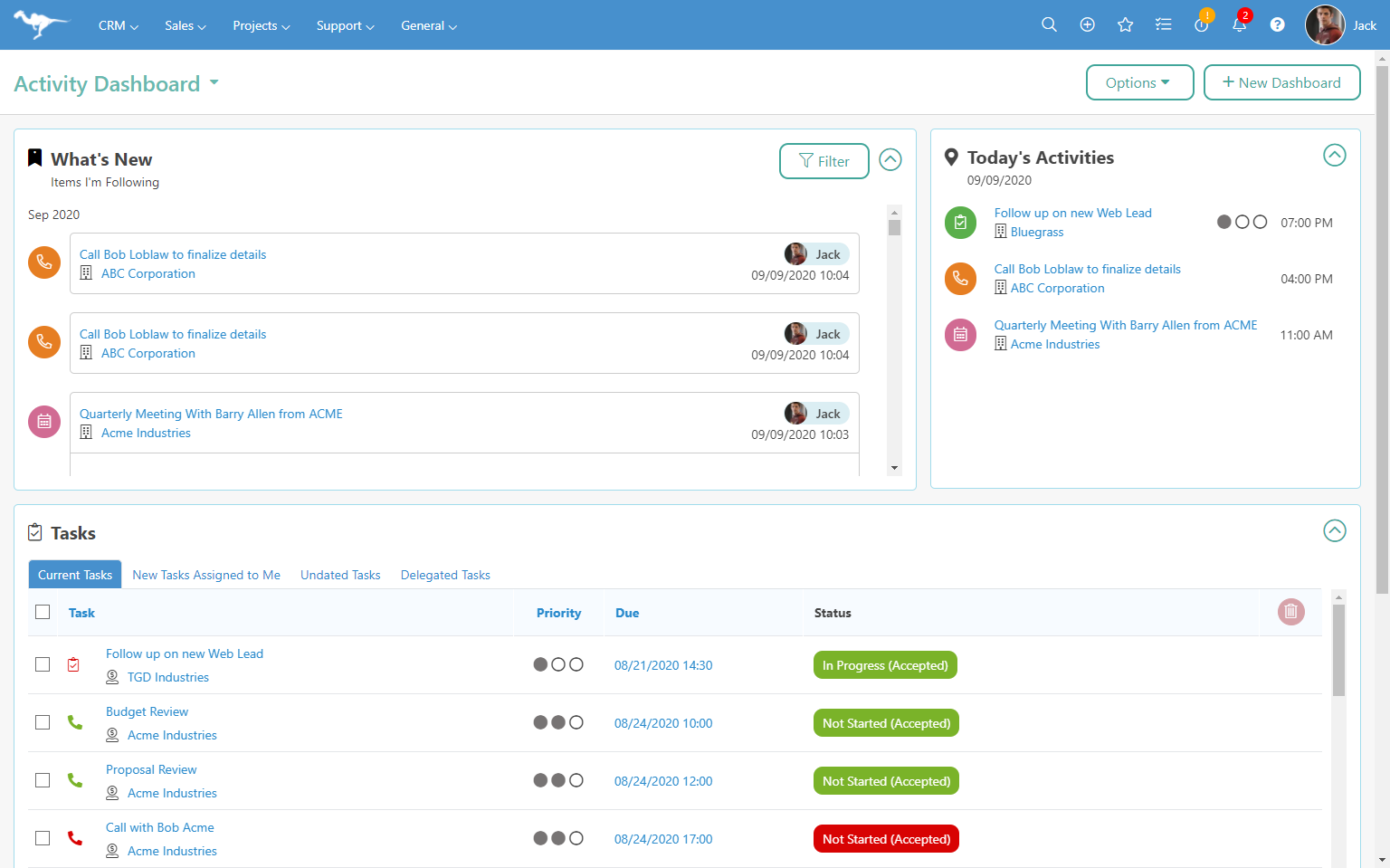 BlueCamroo screenshot: Home Page - Here you can see what you have on your plate for the day as well as any updates to records you're following and you can add different views.
