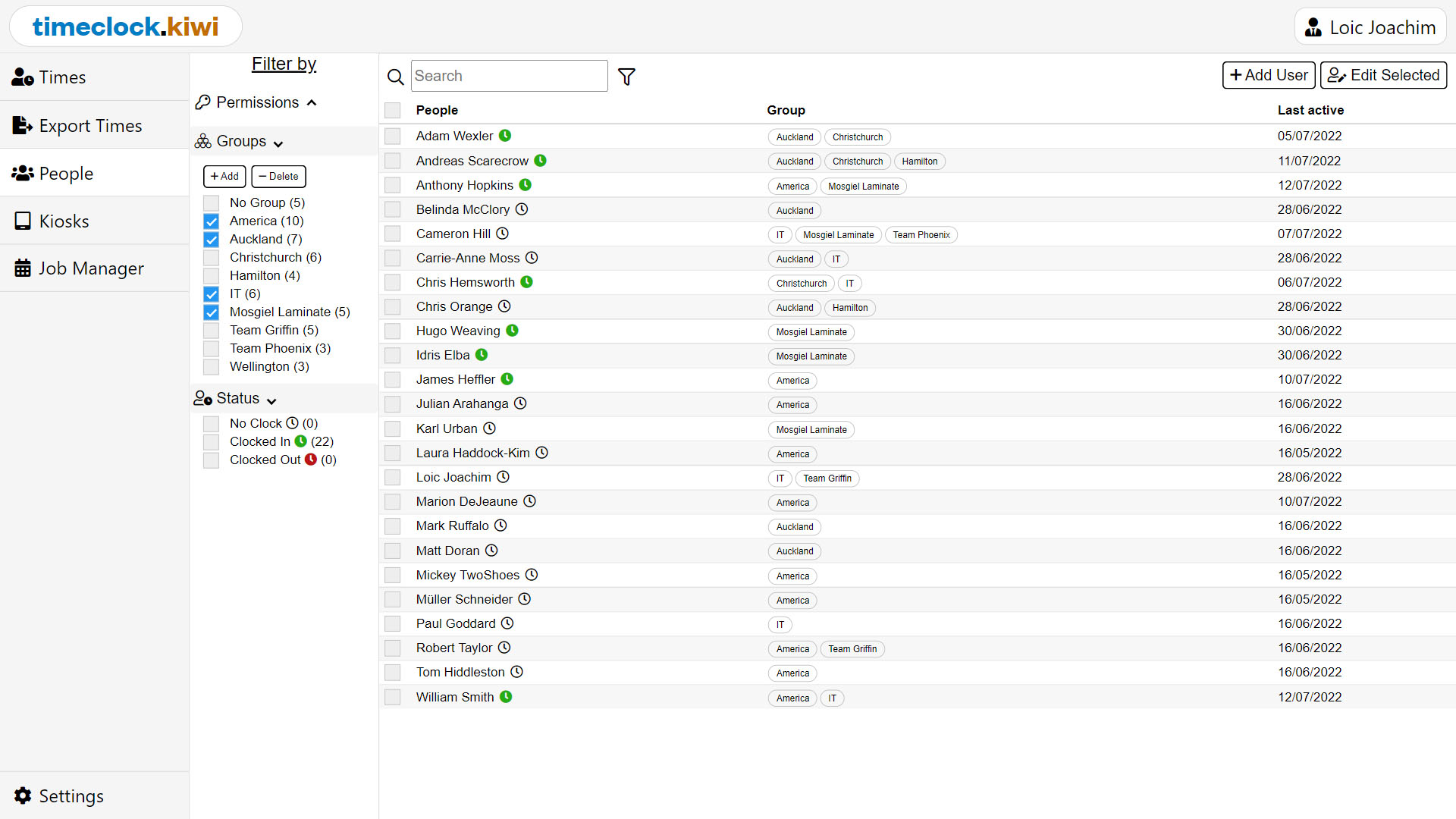 timeclock.kiwi Software - Timeclock Portal People page
