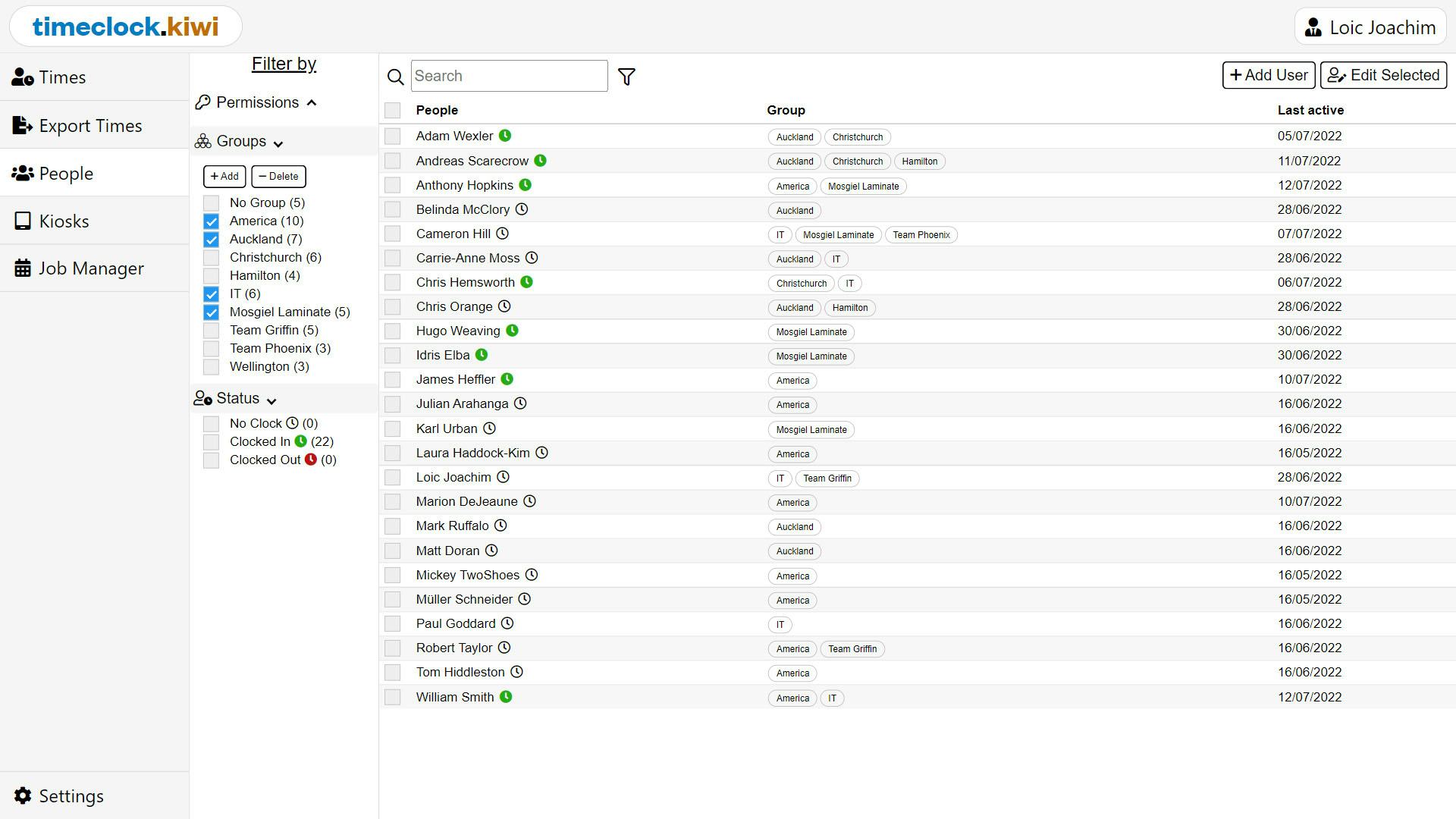 timeclock.kiwi Software - Timeclock Portal People page