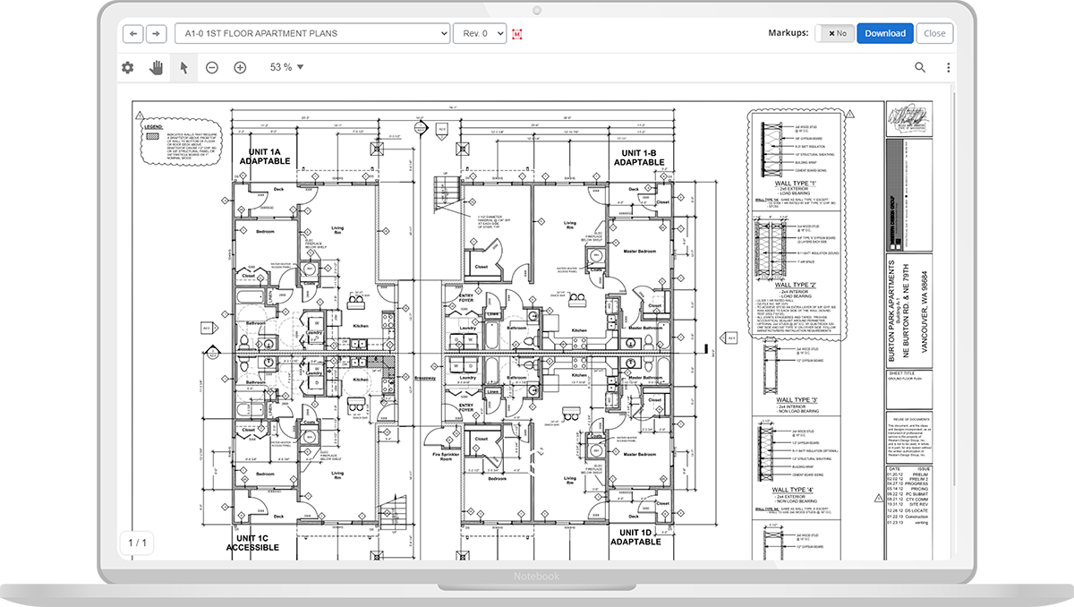 ProjectTeam.com makes it easy to upload hundreds of drawings in seconds using best-in-class OCR tools. Once uploaded, share drawings with other team members and collaborate with markups such as shapes, text, pins, and comments.