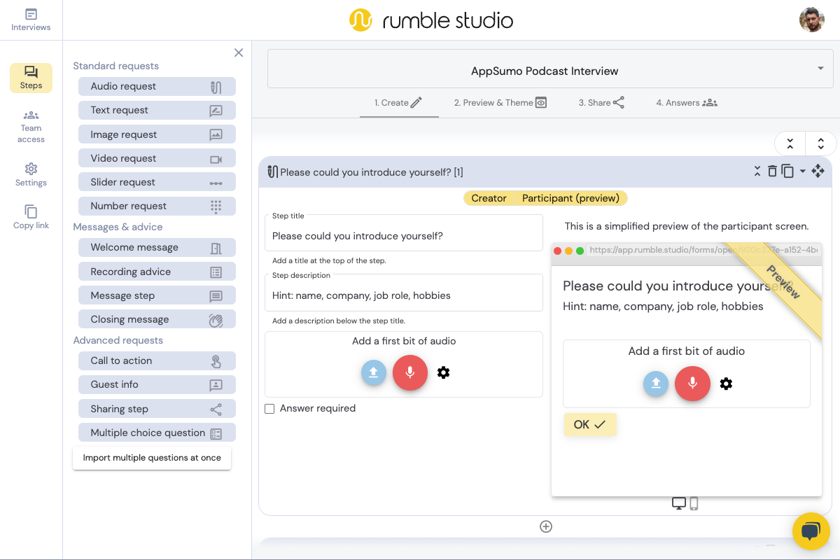Rumble Studio screenshot: Interview Builder