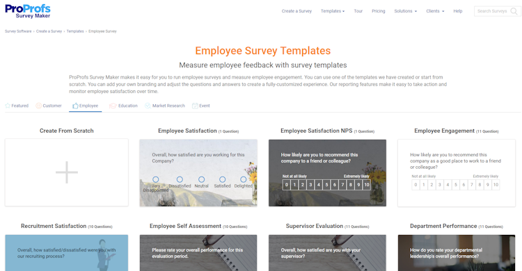 ProProfs Survey Maker screenshot: employee survey templates