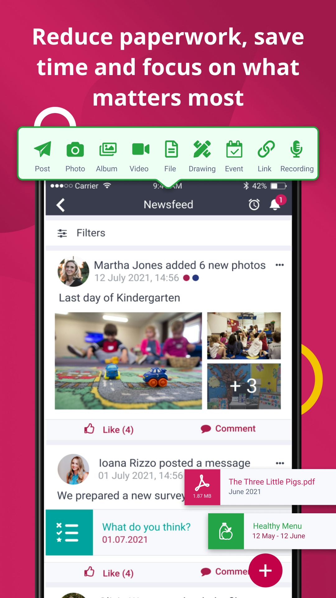 KINDERPEDIA Software - The newsfeed of the Kinderpedia app is an infinite scroll through the activities, updates and resources of a classroom or even school. The posts can be filtered, for easy access and teachers can add now info with the tap of one button.