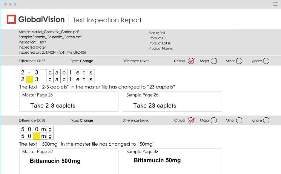 GlobalVision Software - Text inspection report