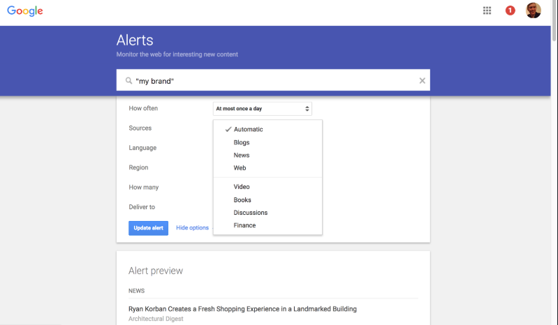 Google Alerts web monitoring