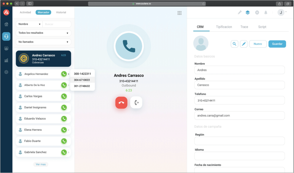 Audara manage contacts