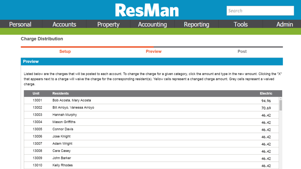 ResMan Software - Setup and post charge distribution to all residents