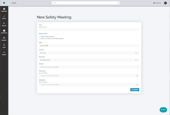 HSI Donesafe screenshot: Add details for new safety meeting