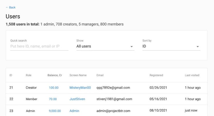 Scrile Connect screenshot: Scrile Connect manage all the members of the platform with admin dashboard