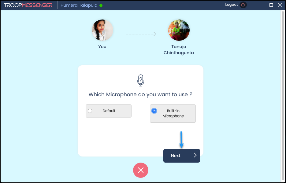 Troop Messenger Software - Call settings allow users to choose devices for audio/video communication