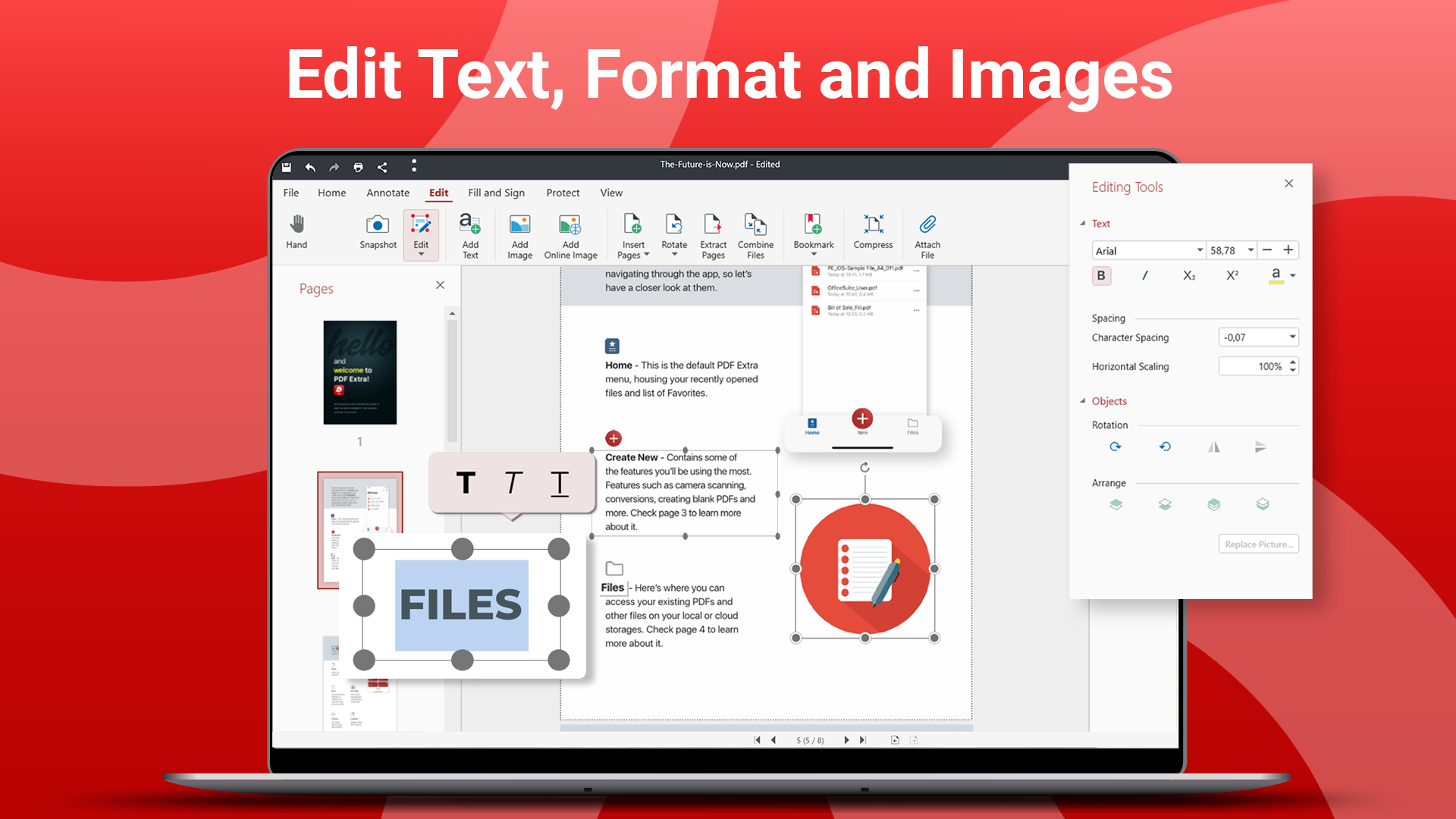 MobiPDF screenshot: Edit Text, Format and Images