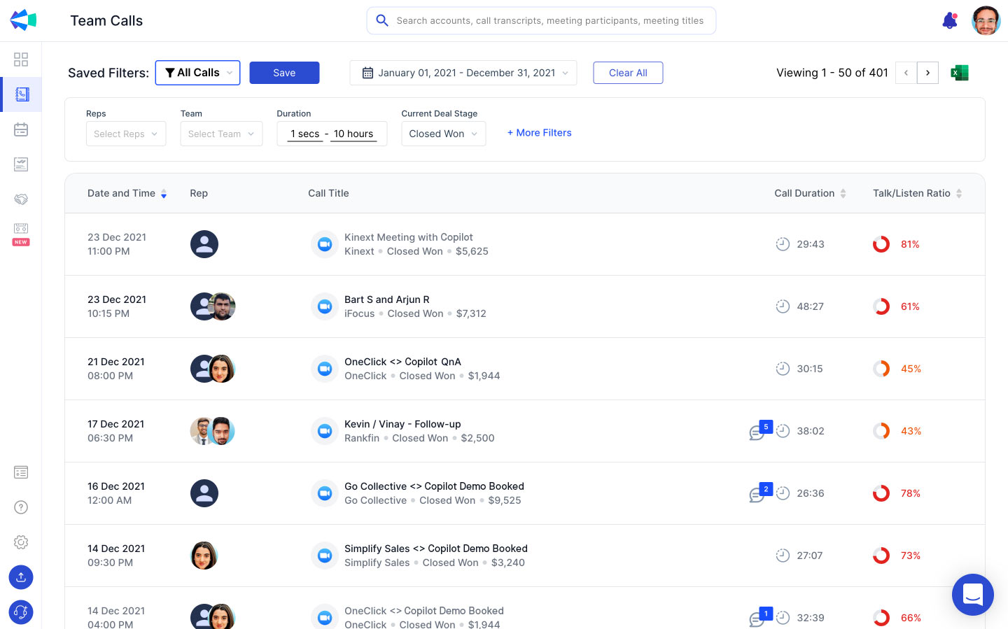 Clari Copilot screenshot: Call Library — Organized, searchable and shareable recordings