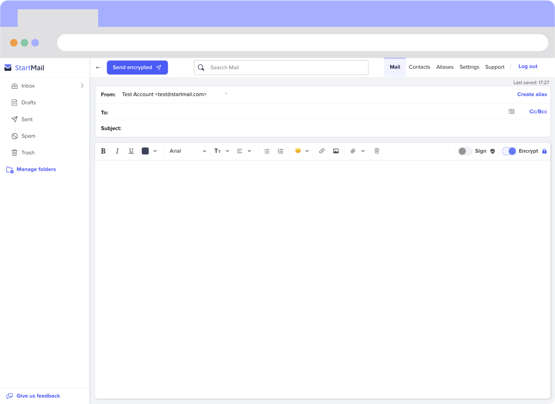 StartMail interface. How to compose an email with StartMail. 