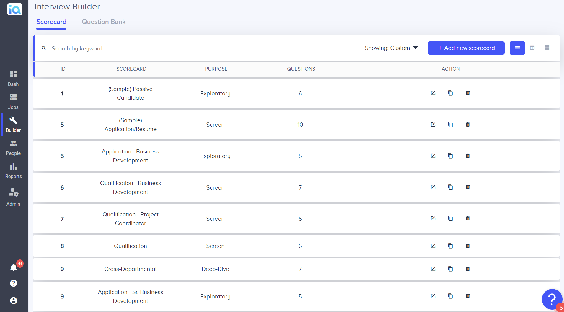 interviewIA screenshot: Interview scorecards - access to prebuilt Basic and Smart-Scorecards, complete with questions and scoring criteria, with the ability to customize your own to match your open job requirements. Basic-scorecards can be downloaded and shared.