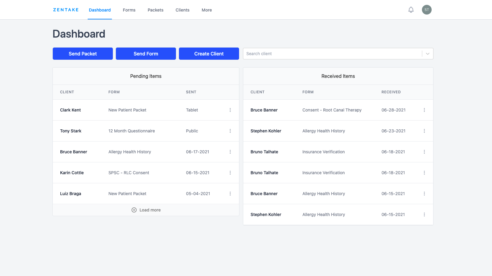 Zentake screenshot: Zentake activity dashboard