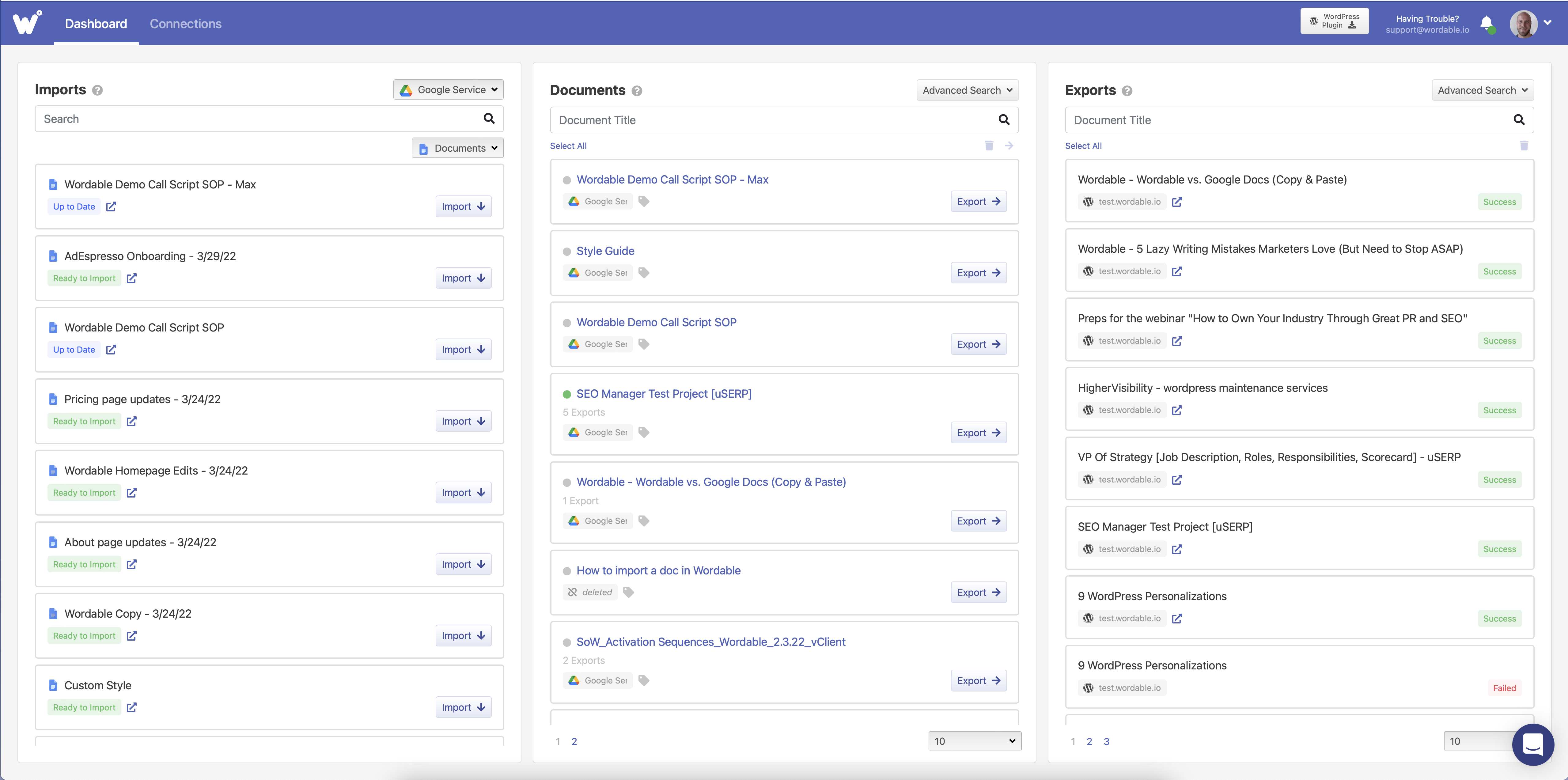 Wordable screenshot: Import documents, edit their details, and export in 1-click.