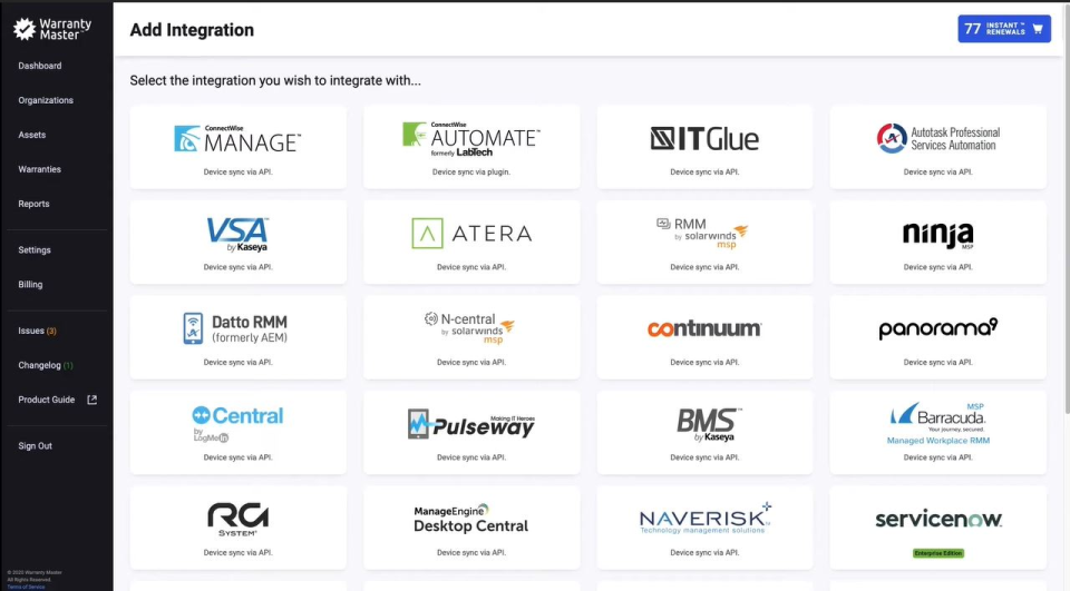 Warranty Master add integrations