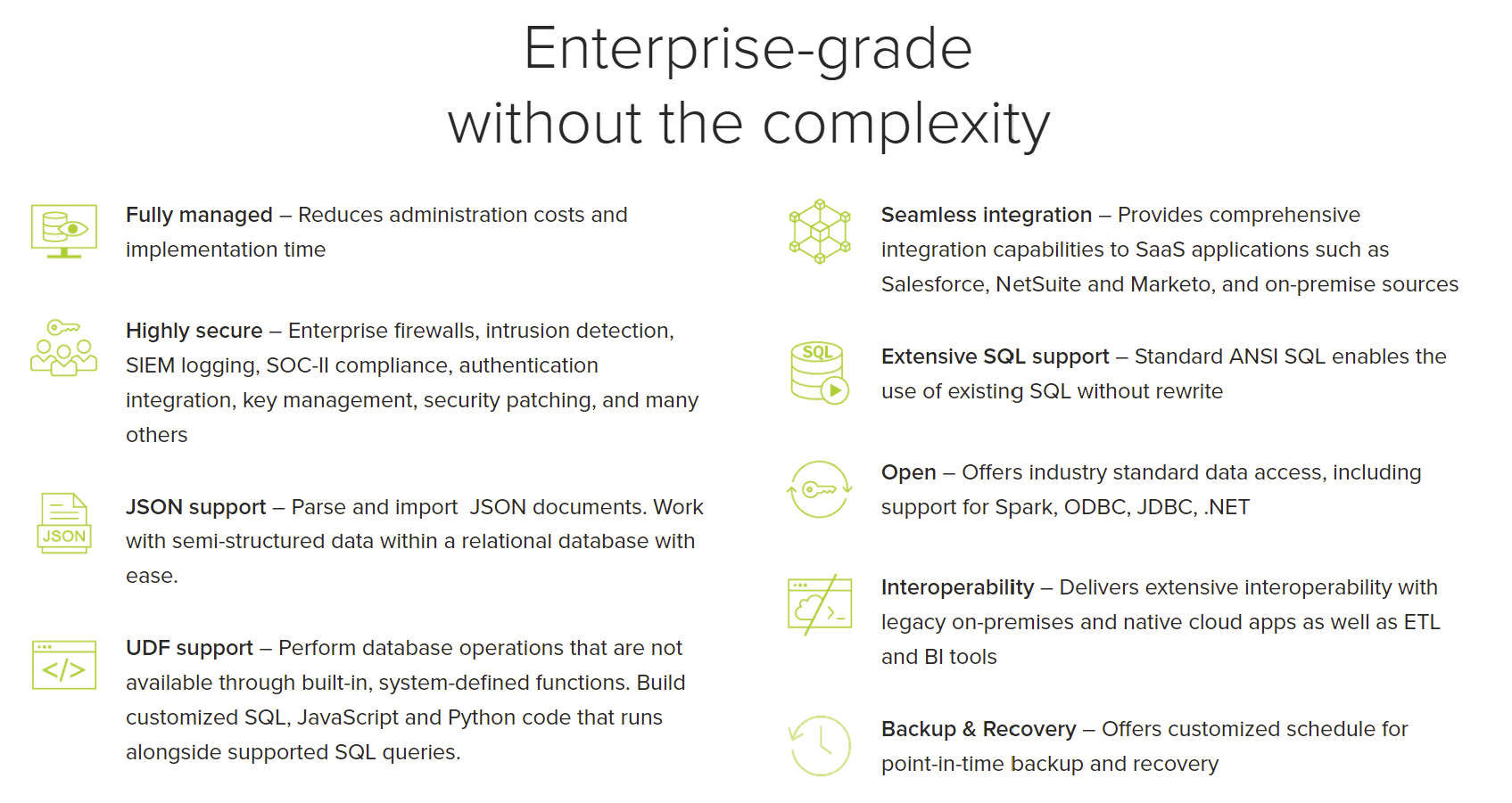 Enterprise-grade without the complexity. Actian Data Platform is fully managed and highly secure. Offers JSON, UDF, and extensive SQL support. Features seamless integration, interoperability, and backup & recovery.