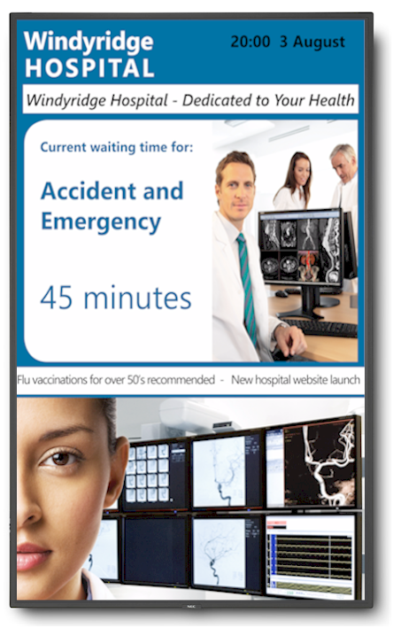 Updating waiting times in Accident & Emergency and hospital clinics and doctors surgeries, keeps patients updated. A simple txt file on computer when the waiting time is changed, automatically updates the display screens.  Display newsfeeds and images.