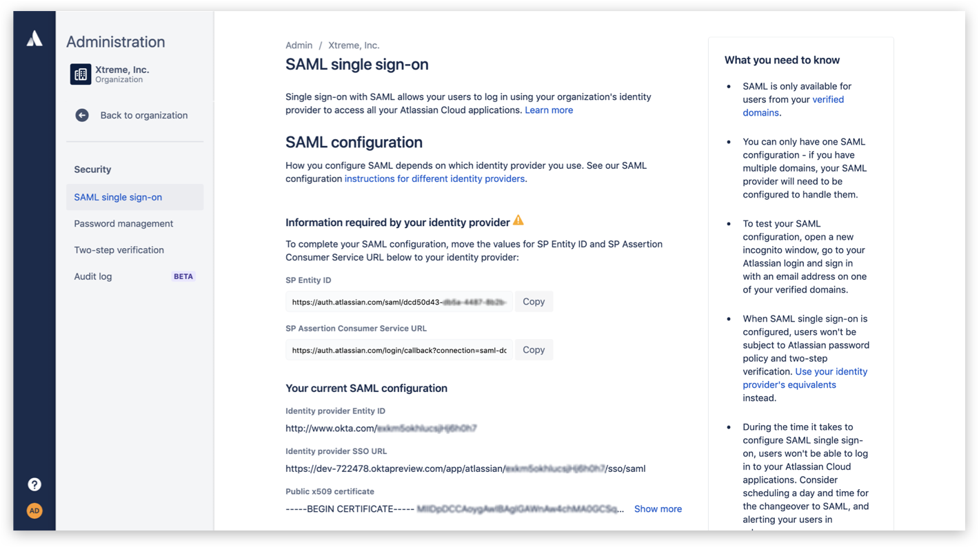Atlassian Access SAML single sign-on configuration