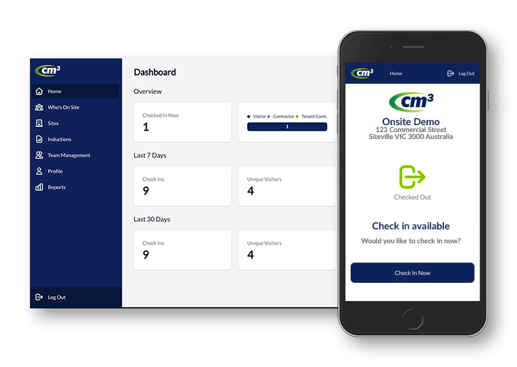Cm3 OnSite visitor management dashboard and QR code check-in app.