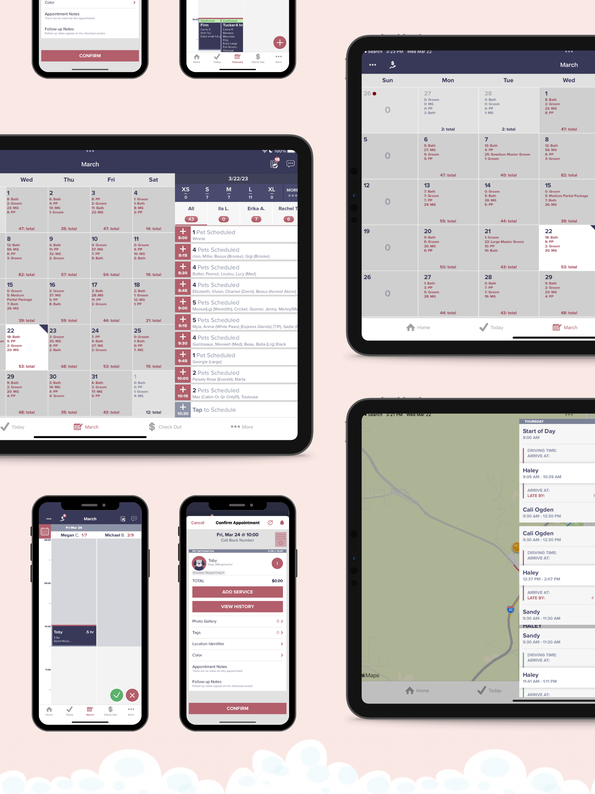 We feature various options of how you can see your schedule ahead and how you input appointments, whether you're mobile or storefront! Inputting and confirming appointments has never been easier (screens shown on bottom left).
