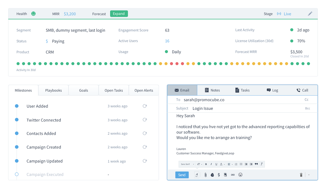 CustomerSuccessBox Software - Actionable Platform- CustomerSuccessBox allows CSMs to send emails, make calls, manage tasks from within the platform.