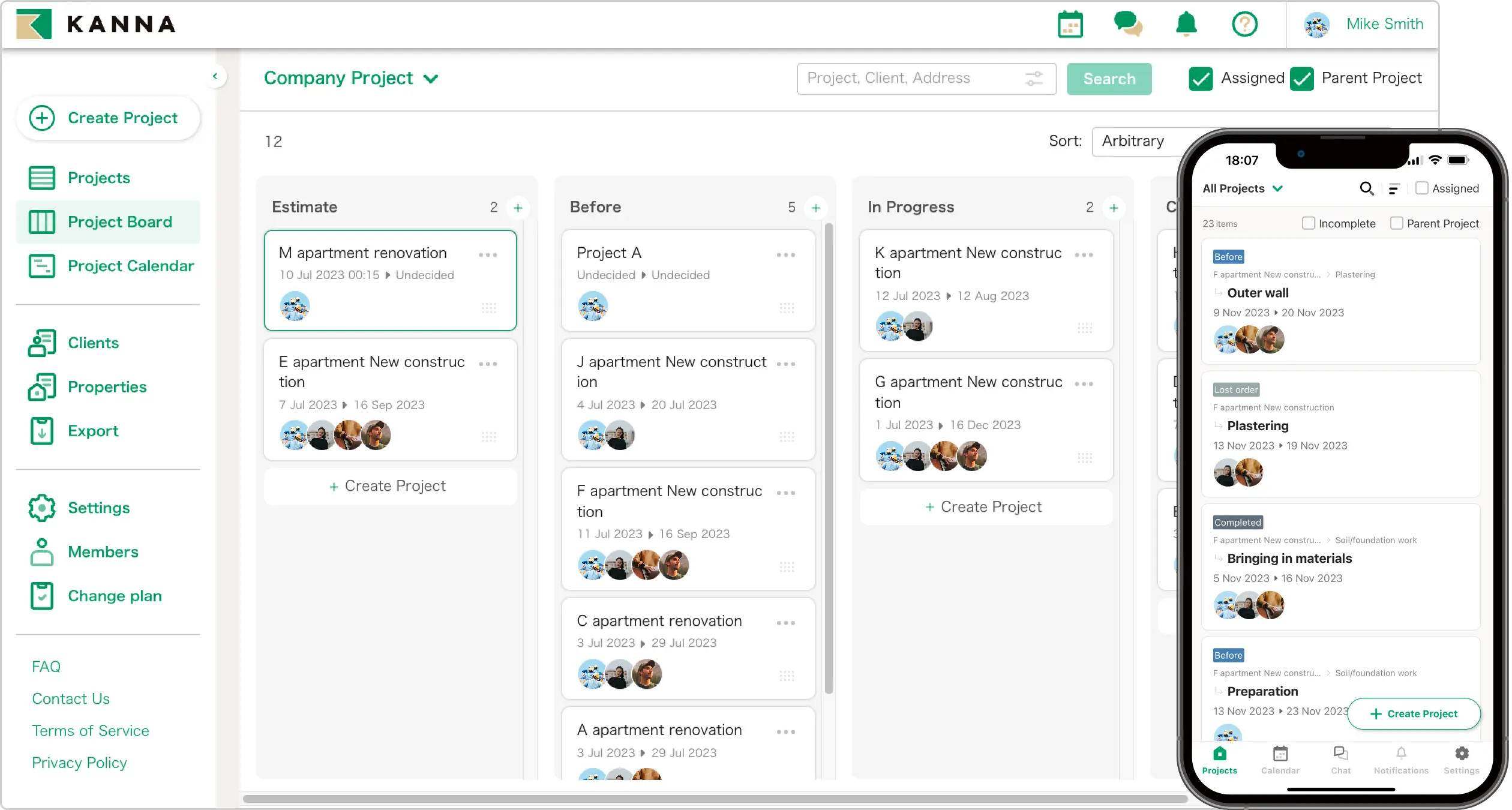 KANNA screenshot: KANNA project board 