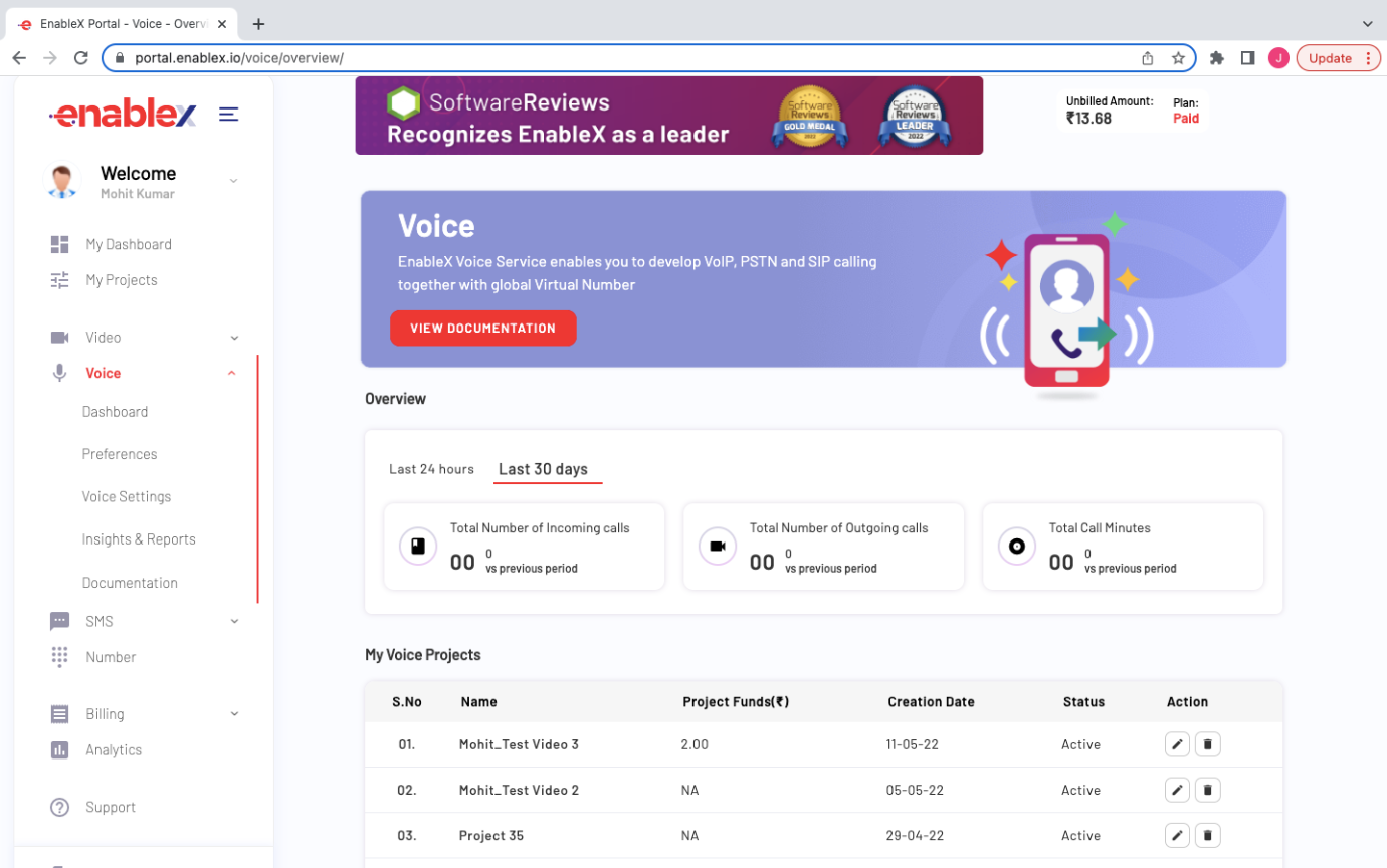 Voice Dashboard - A screenshot of Voice services, purchase of numbers and self-service configurations.