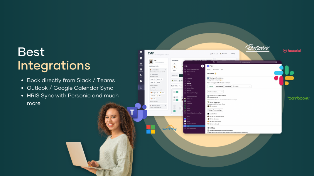 The Best integrated hybrid workplace Solution. Book directly from Slack or Teams, Sync with your favourite calendar. Sync data with HRIS like Personio, Bamboo HR and more