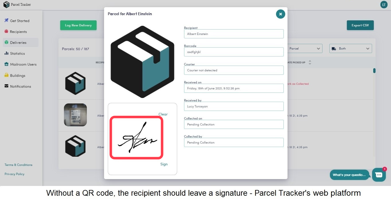 Parcel Tracker recipient signature