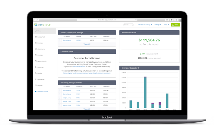 PaySimple screenshot: View your business at a glance with a dynamic dashboard