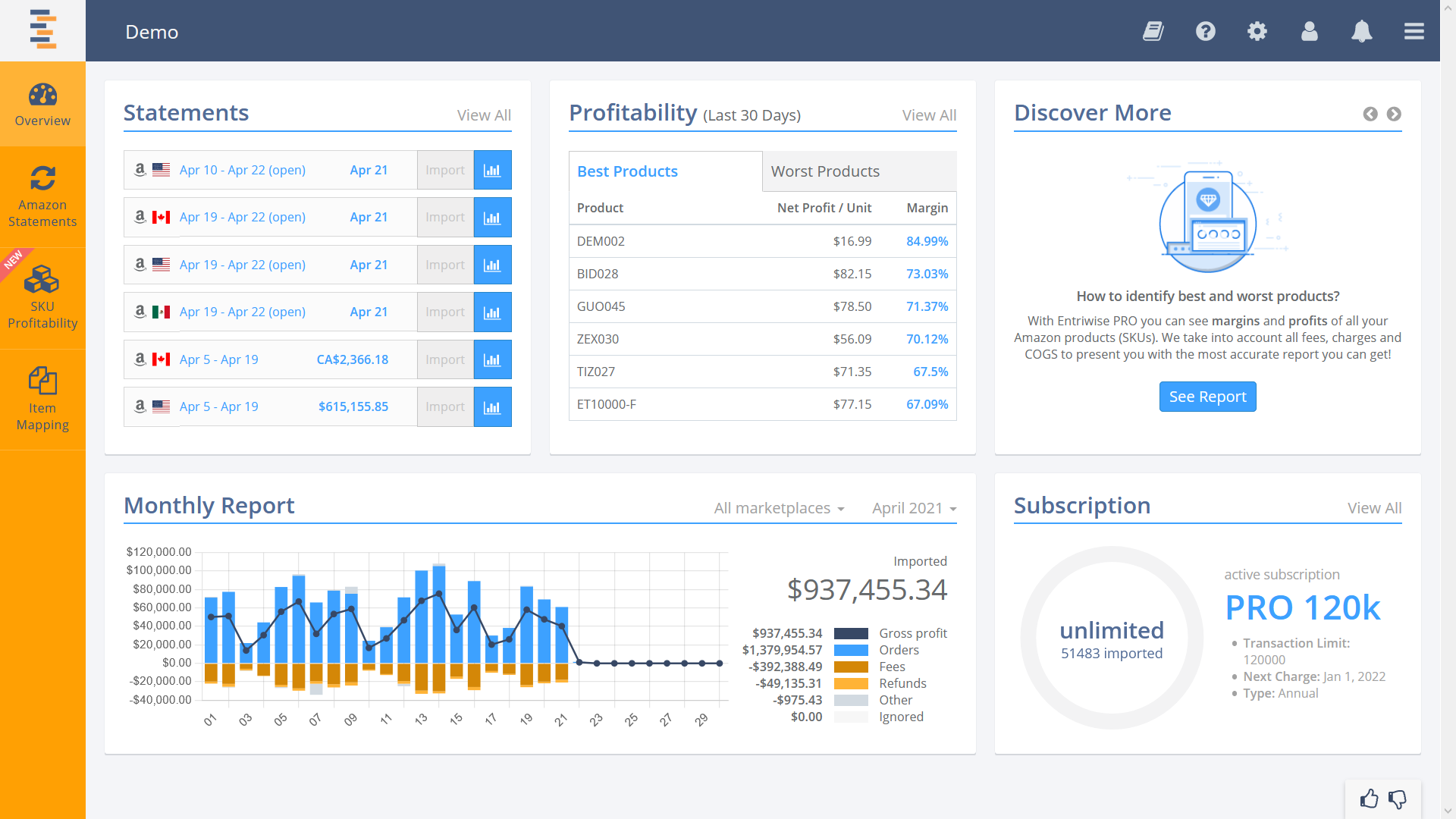 Entriwise screenshot: Amazon and Shopify accounting, reconciliation, and inventory tracking integration for QuickBooks Online, QuickBooks Desktop, and NetSuite
