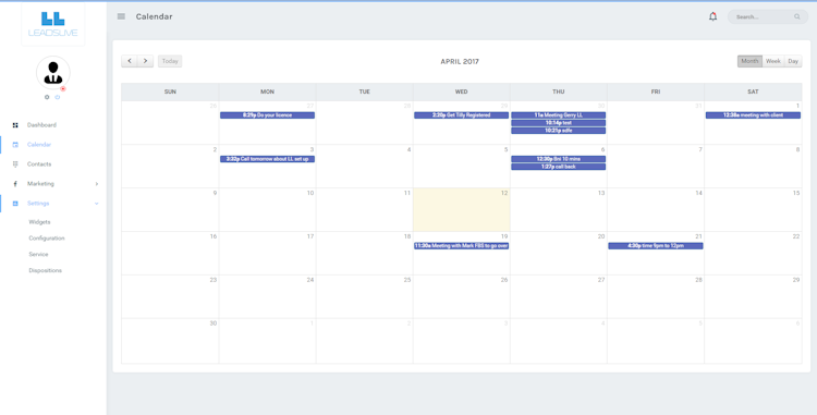 LeadsLive screenshot: LeadsLive's calendar allows users to schedule and manage meetings and tasks