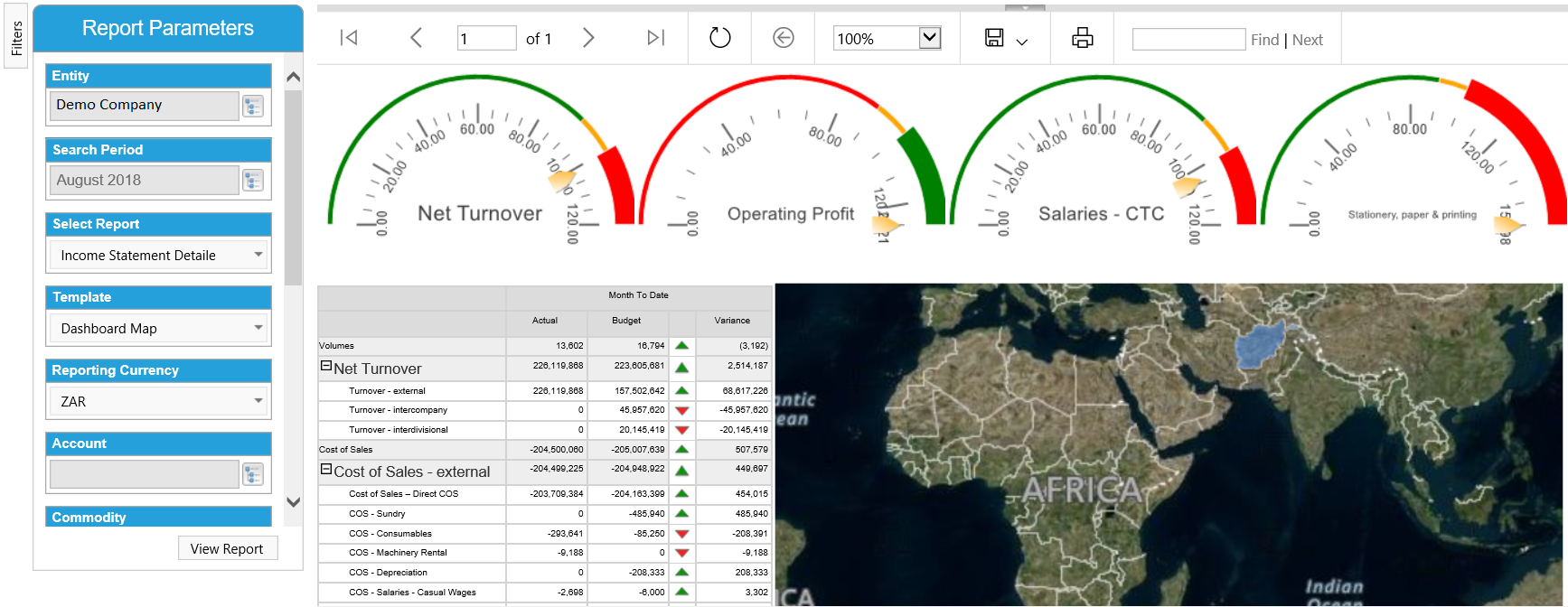 ExecuReports screenshot: Dashboard map that shows a few KPI's and graphical data presentation.