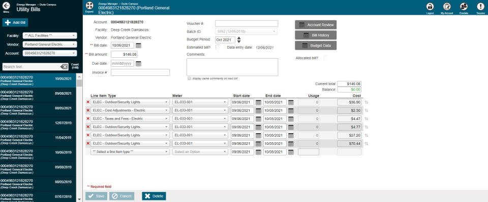 Energy Manager screenshot: Bill Entry