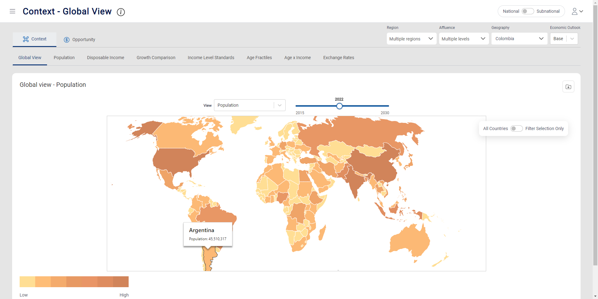 Explore contextual data including population, GDP and income for over 200 countries.
