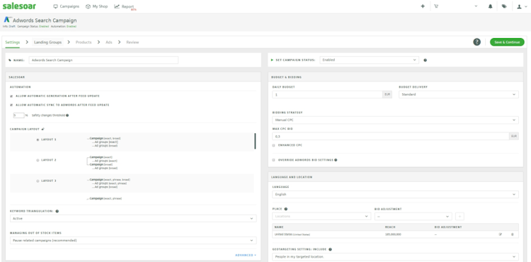 Salesoar  screenshot: Manage Adwords search campaigns from a central dashboard