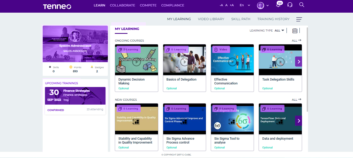 Access learning content through an intuitive channel-based User Interface. Get a unified view of all the ongoing courses and upcoming courses. The calendar shows the scheduled training courses and other timed activities for learners.