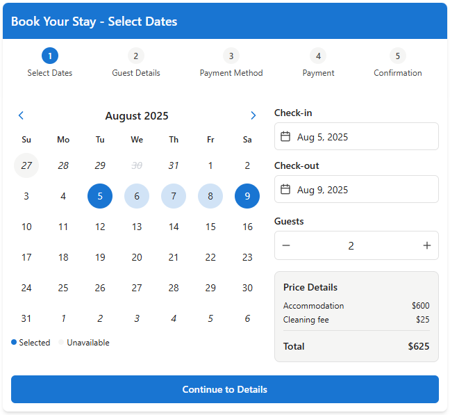 StaySlot screenshot: One of the StaySlot booking widget designs that will be placed to your website