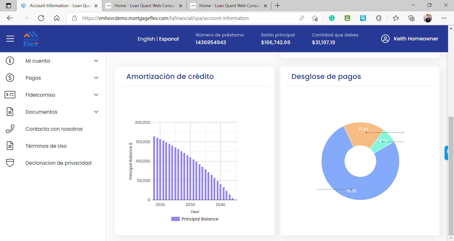 Servicing Portal/Mobile App Landing Page in Spanish.