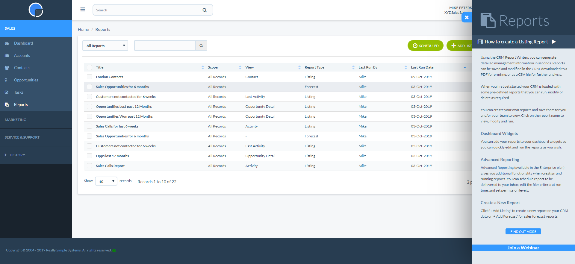 Really Simple Systems reports with help drawer