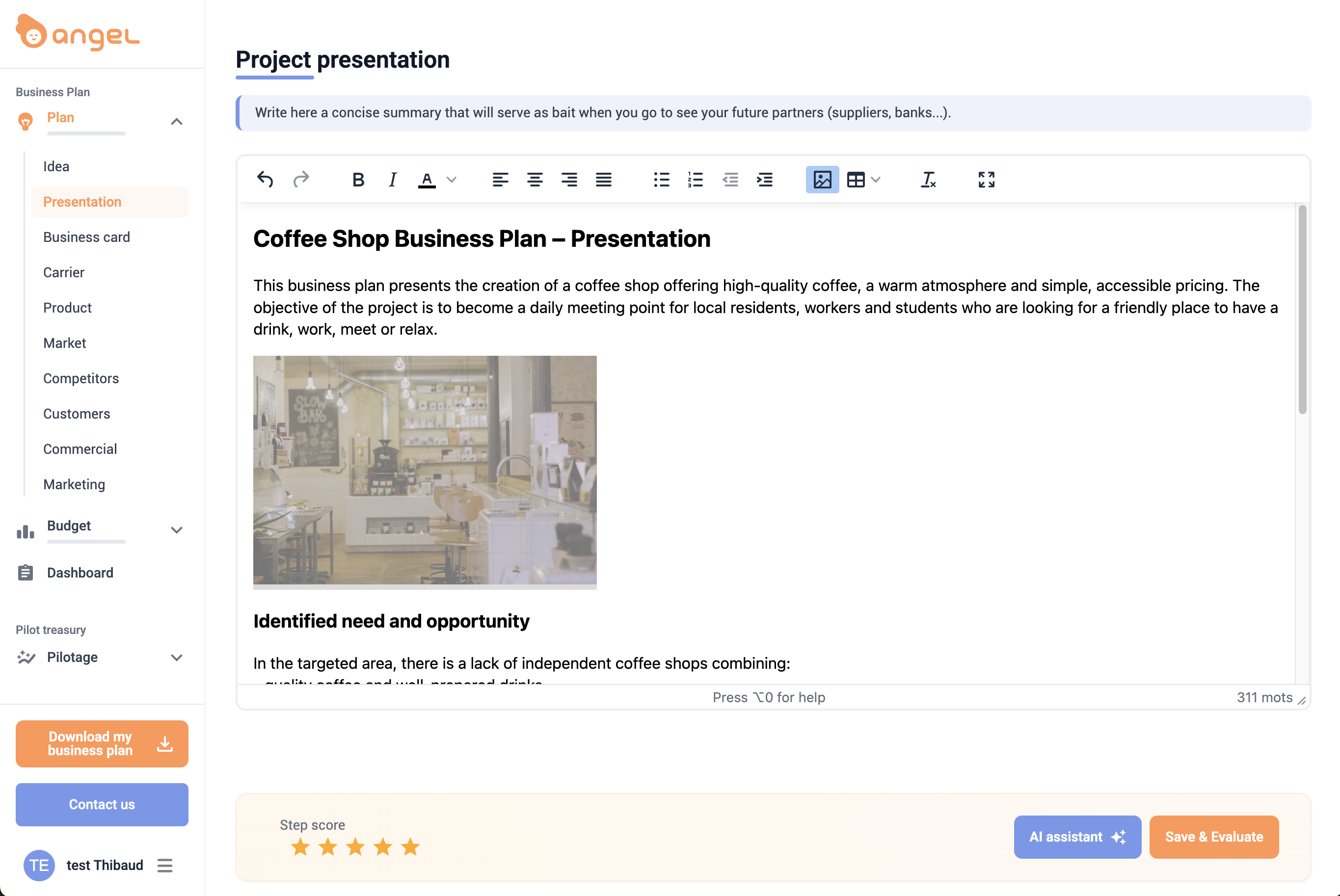 AngelStart screenshot: AngelStart business plan builder