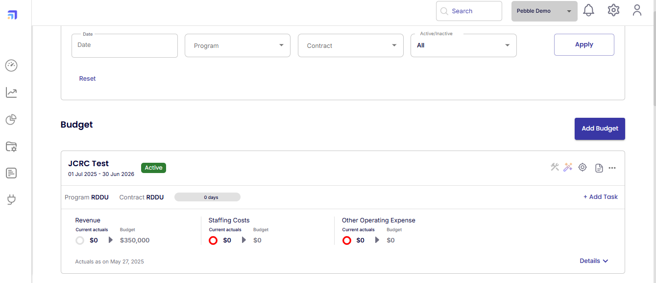 Pebble screenshot: Pebble budget